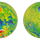A map of Martian gravity looking down at the North Pile (left) and South Pole (right). (Image by MIT/UMBC-CRESST/GSFC)